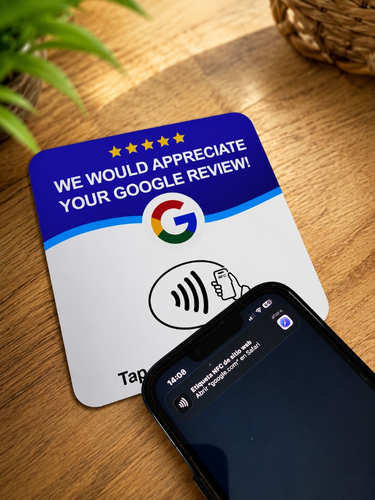 Tarjeta NFC de Google Reviews junto a un iPhone que muestra la notificación para abrir la reseña de Google