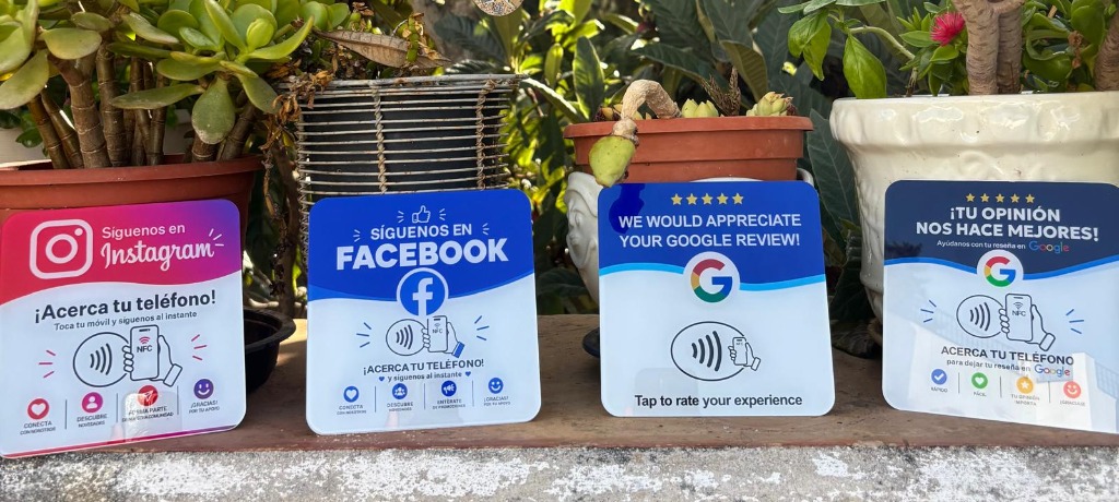 Las 4 tarjetas NFC en plano bajo sobre poyete con azulejo y vegetación
