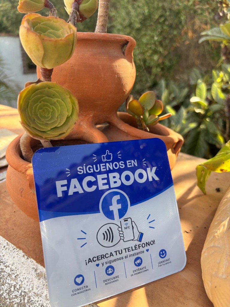 Tarjeta NFC de Facebook apoyada en maceta de barro con suculentas en patio