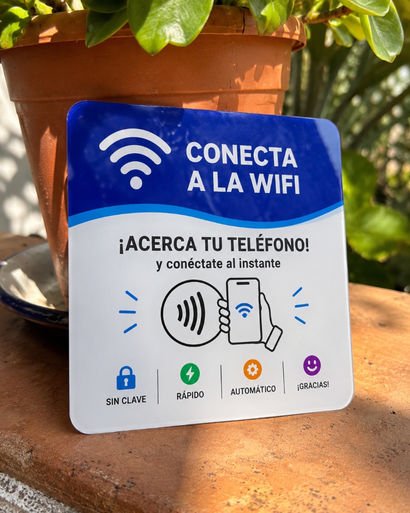 Tarjeta NFC de conexión WiFi automática apoyada en maceta de barro en patio andaluz